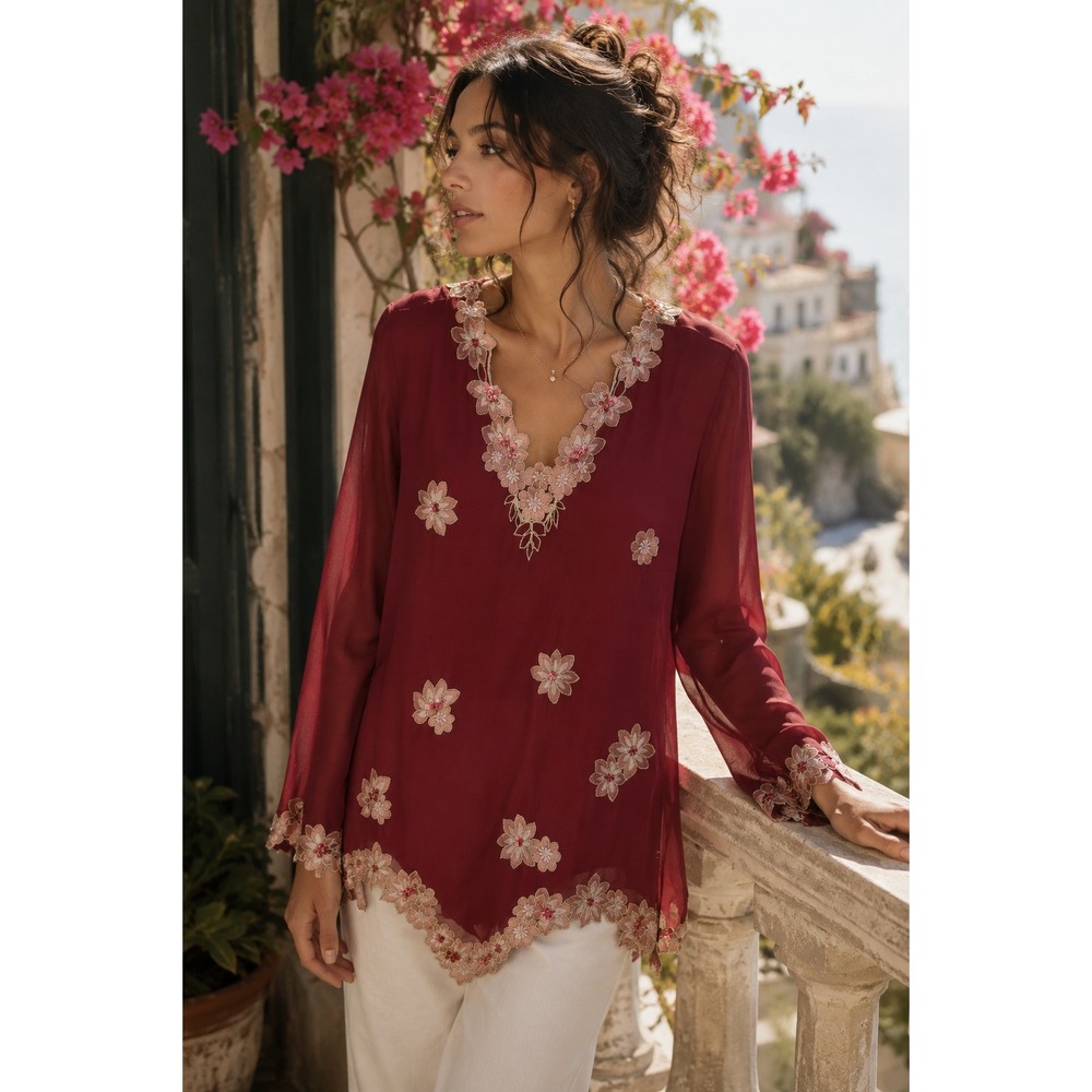 Vintage The Look Randolph Duke Womens Red Silk Floral Sequin Top Long Sleeve